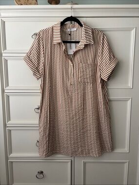 Striped Short-Sleeve Shirt Dress in Brown and Cream